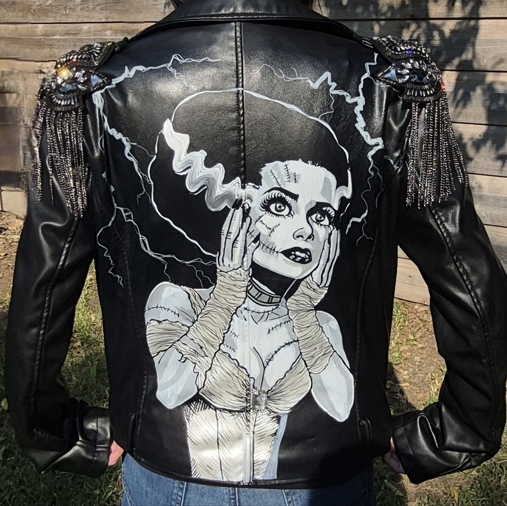Handpainted Bride of Frankenstein Faux Leather Jacket